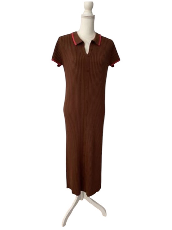 dolan Dresses & Skirts - Dolan Brown Rib Knit Midi Button Front Shirt Dress Pink Trim Size Small